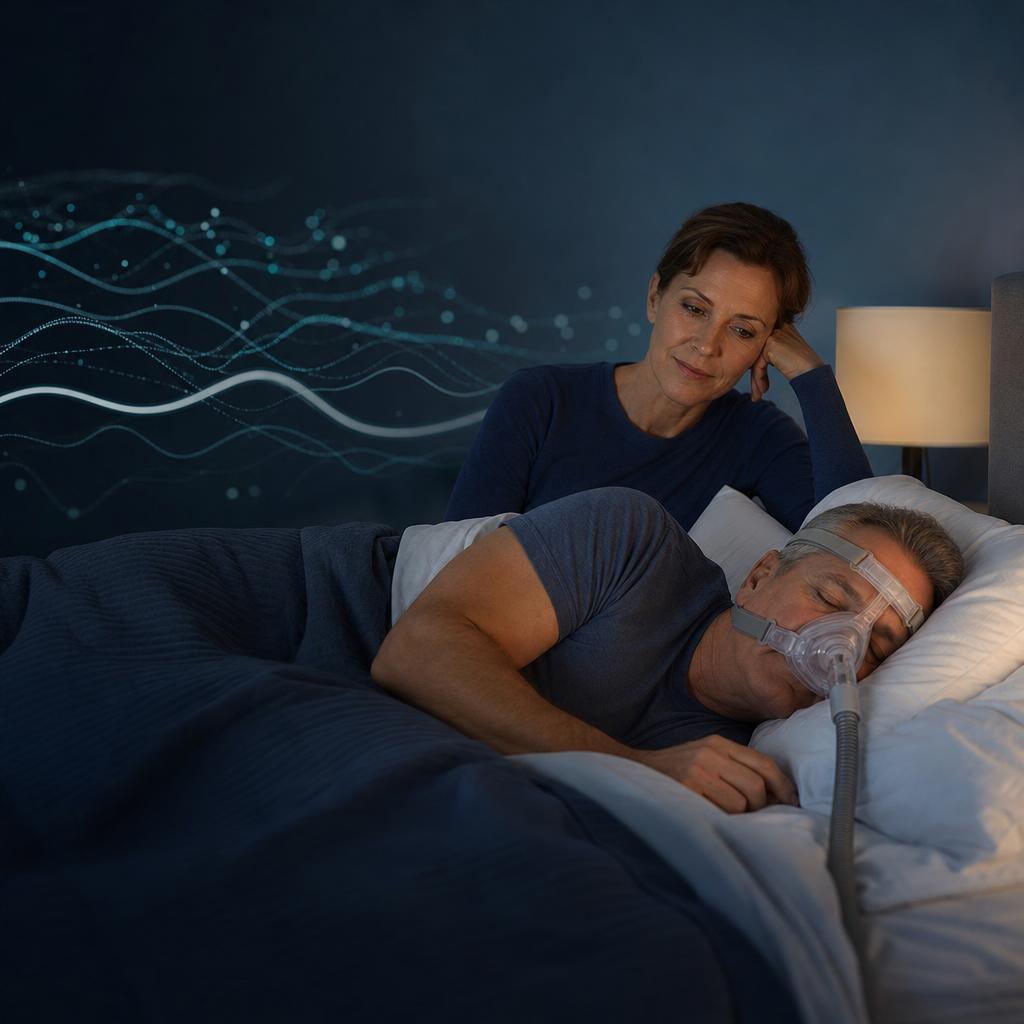 Mężczyzna śpi w masce CPAP, a partnerka obserwuje leczenie bezdechu sennego