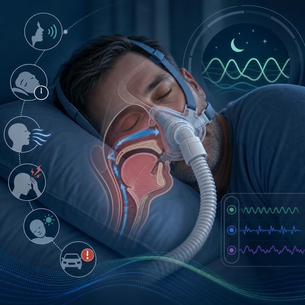 Objawy bezdechu sennego w nocy i w dzień Infografika przedstawiająca nocne i dzienne objawy bezdechu sennego